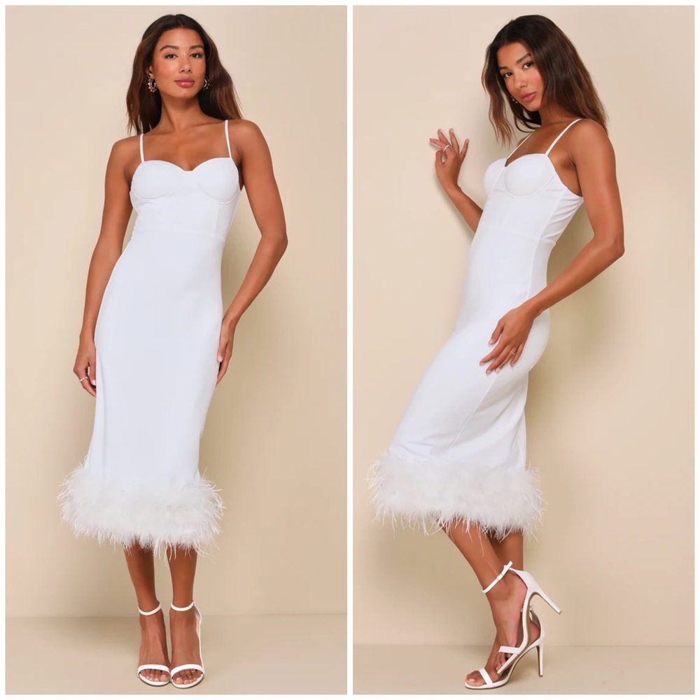 Lulu's White Feather-Hem Midi Dress